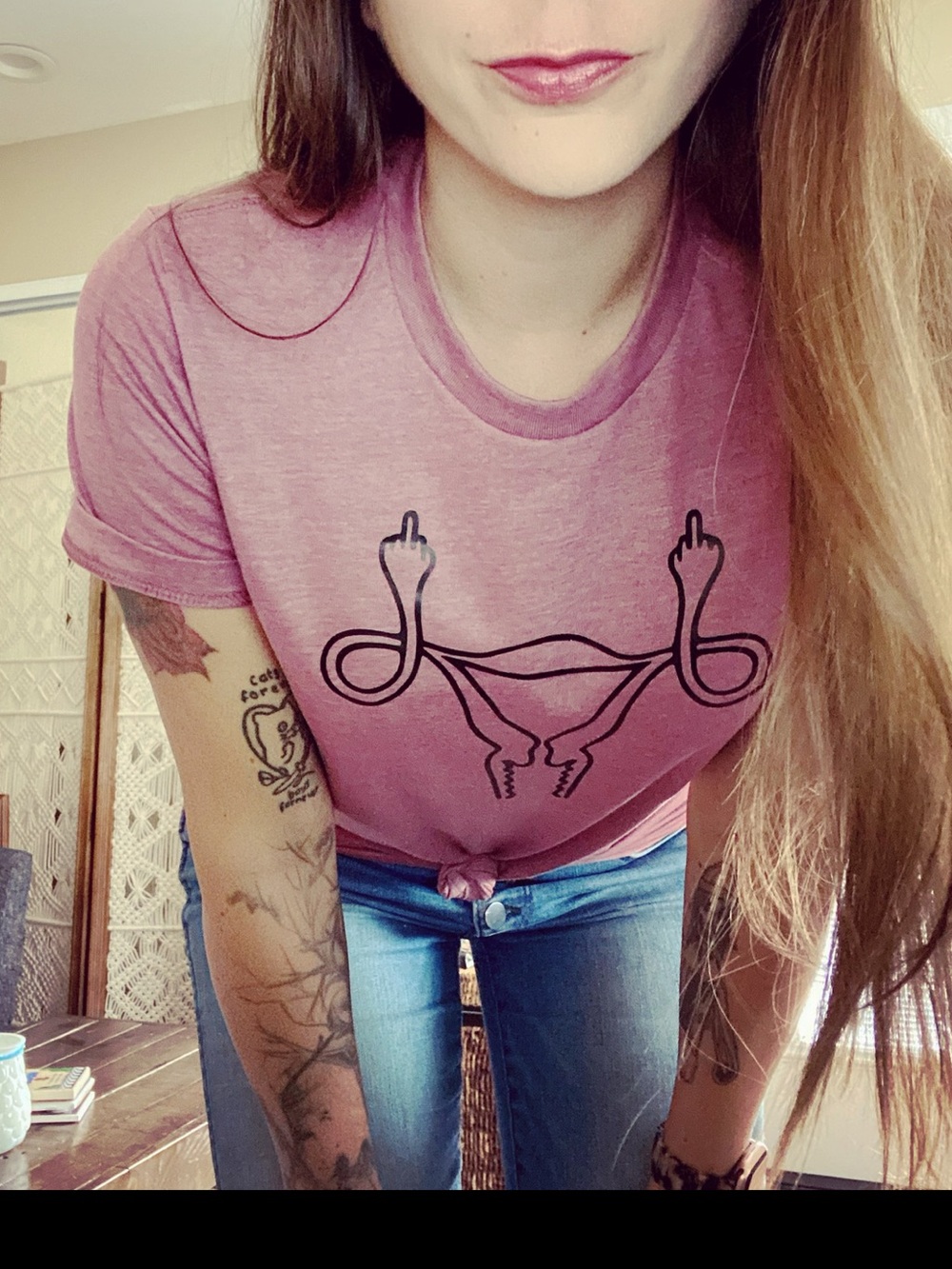 Women's Crewneck T-Shirt with Uterus Graphic - Mauve